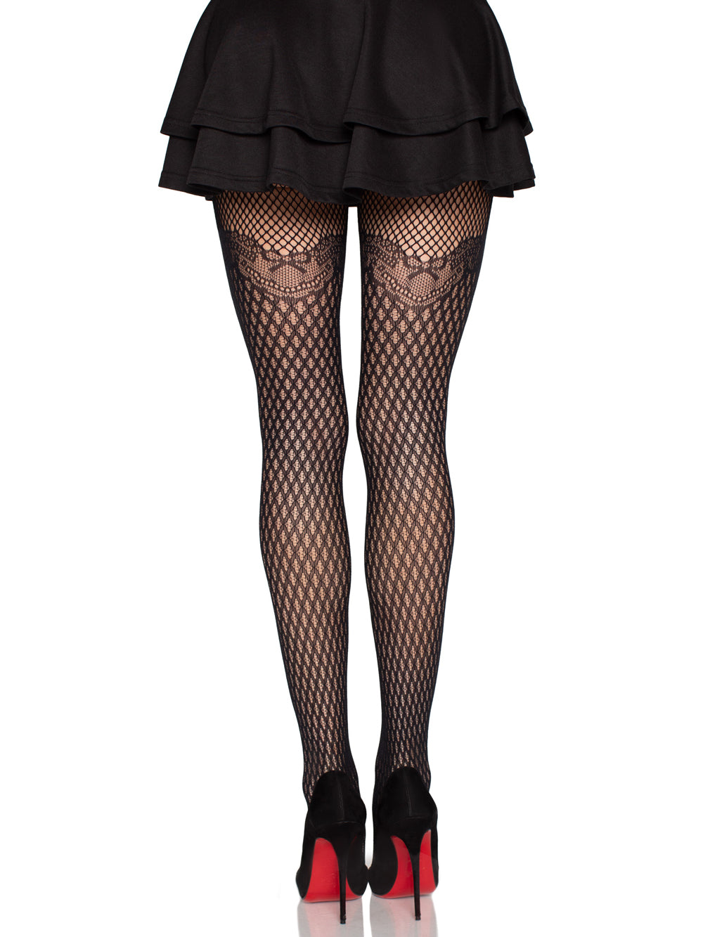 Gilded Grid Net Tights With Bow Lace Top - Os - Black