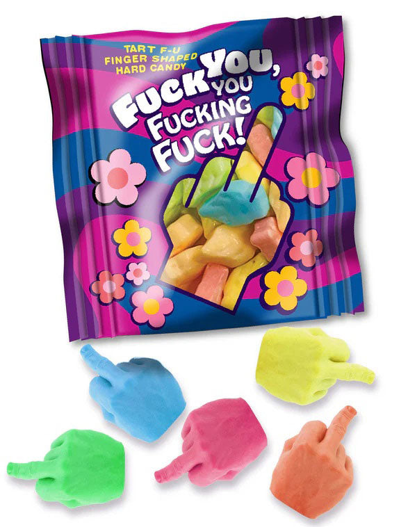 Little Genie Fuck You, You Fucking Fuck Candy - Bag of 25 Mini Packs with Middle Finger Candies