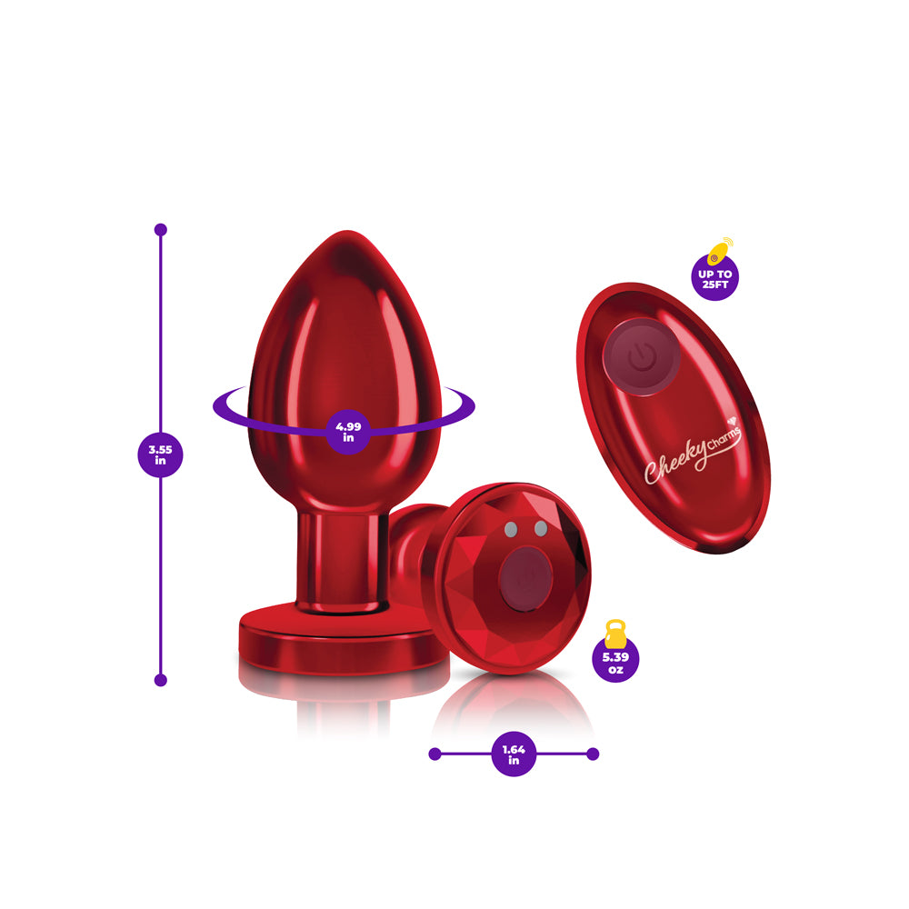 Cheeky Charms - Rechargeable Vibrating Metal Butt Plug With Remote Control - Red - Large