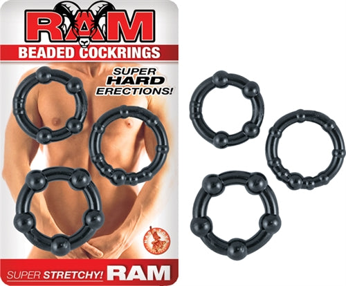 Nasstoys Ram Beaded Cockrings – Black – Set of Three Stretchy Rings