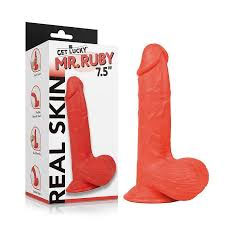 Real Skin Mr. Ruby 7.5" Dual Layer Dildo - Red - Realistic, Waterproof, Suction Cup
