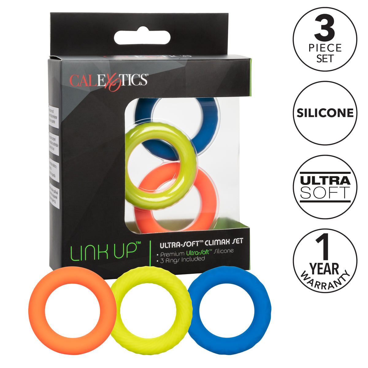 CalExotics Link Up Ultra-Soft Climax Set – 3 Textured Cock Rings – Multi