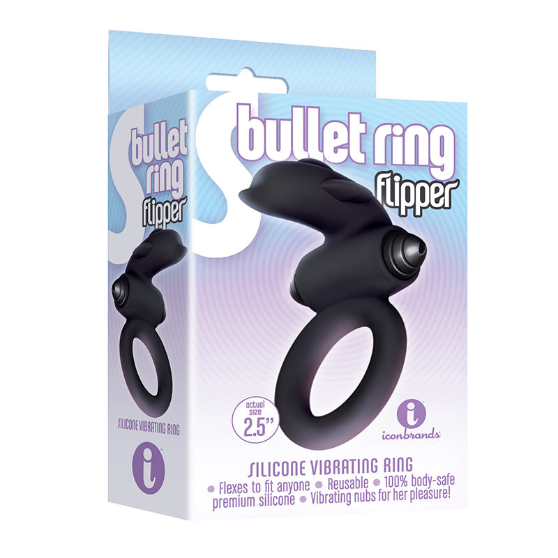 Icon Brands S-Bullet Ring - Flipper Silicone Cockring with Vibrating Nubs - Black