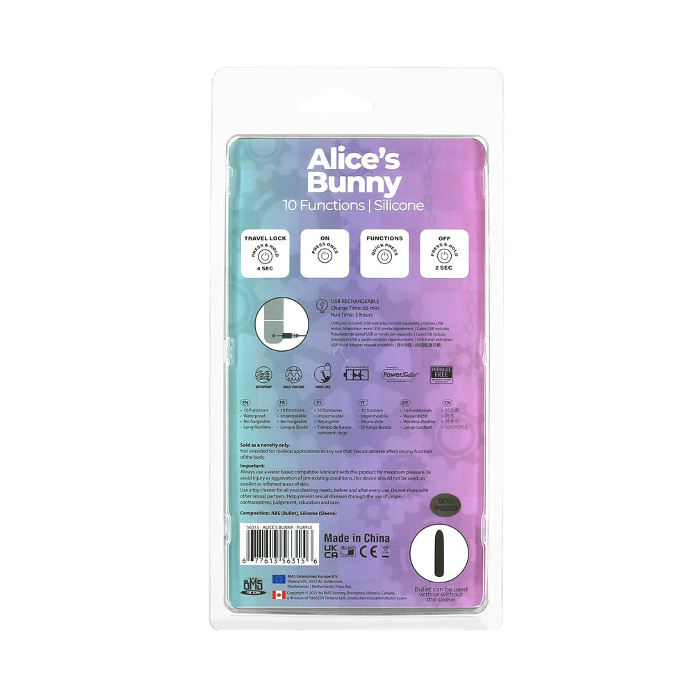 PowerBullet Alice's Bunny Rechargeable Bullet Vibrator with Removable Silicone Rabbit Sleeve - Purple