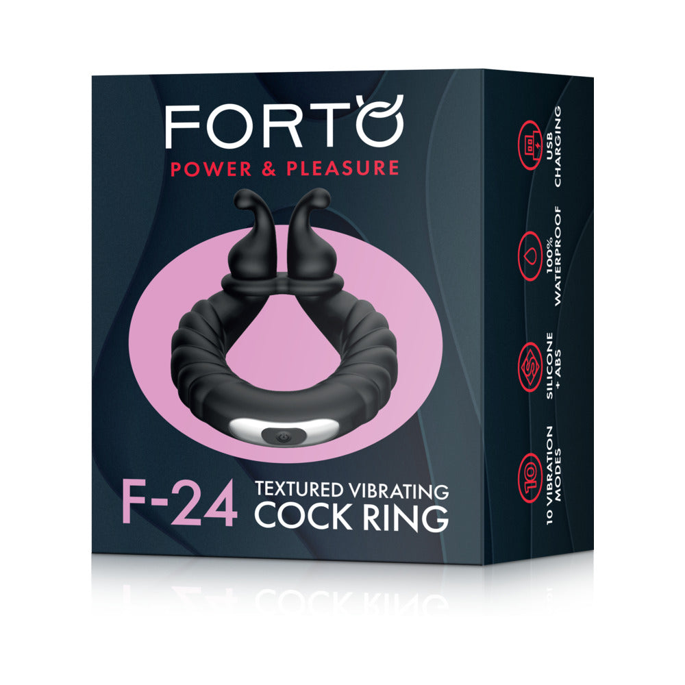 Forto F-24 Rechargeable Silicone Textured Vibrating Cockring – Black