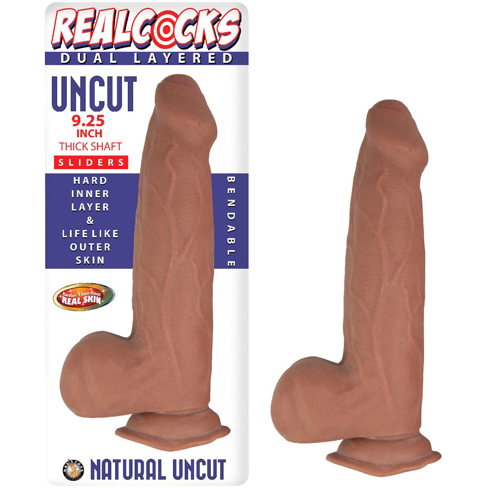 RealCocks Dual Layered Uncut Slider Thick Shaft 9.25 in. Brown