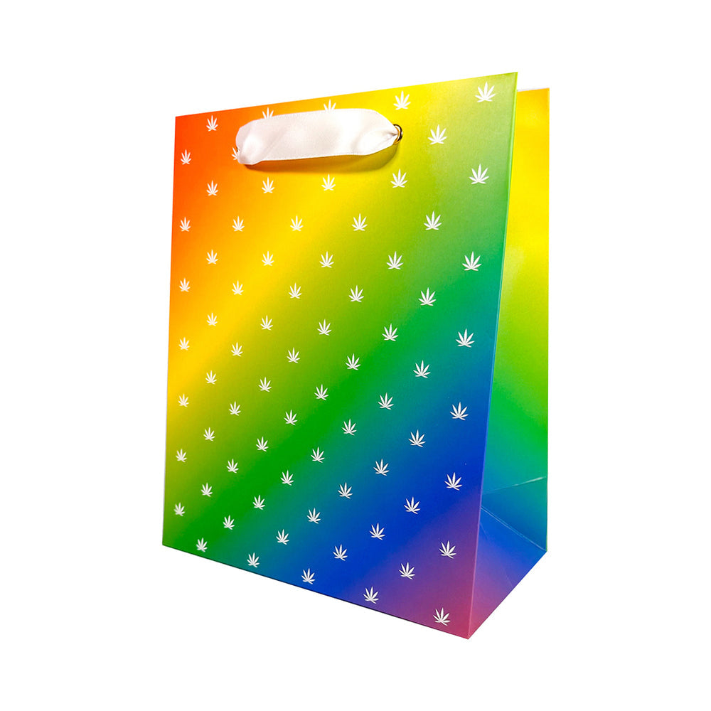 KushKards Rainbow Potleaf Gift Bag with White Ribbon Handles