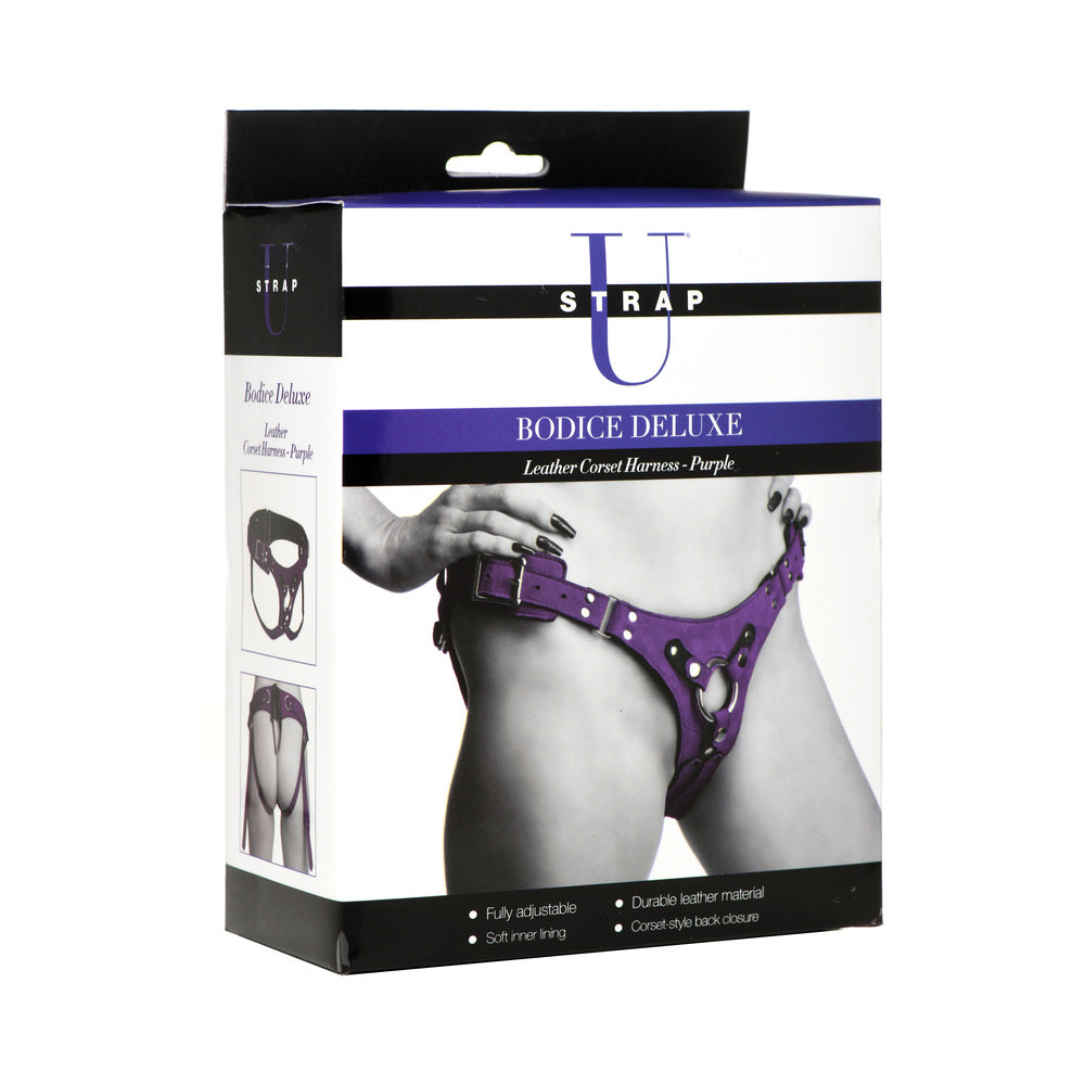 XR Brands Strap U Bodice Deluxe Leather Corset Harness – Purple