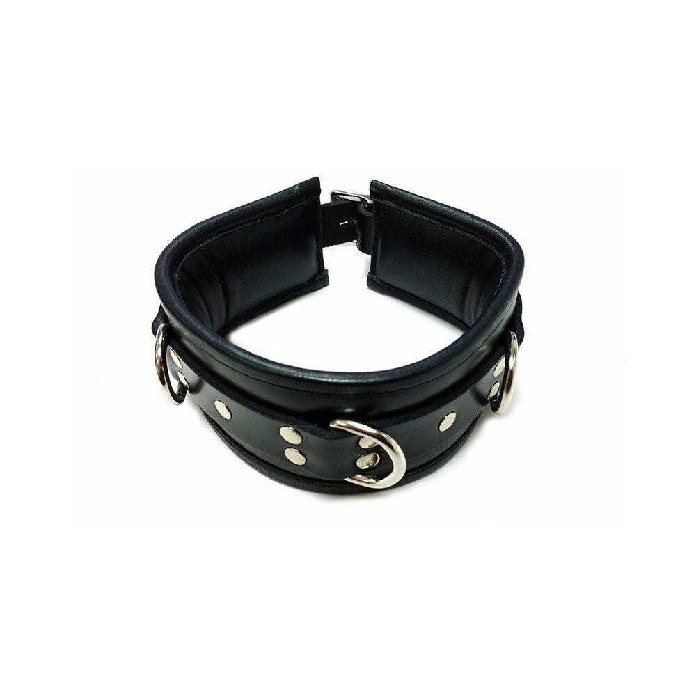Rouge Leather Padded Collar – Black Leather Collar with 3 D-Rings