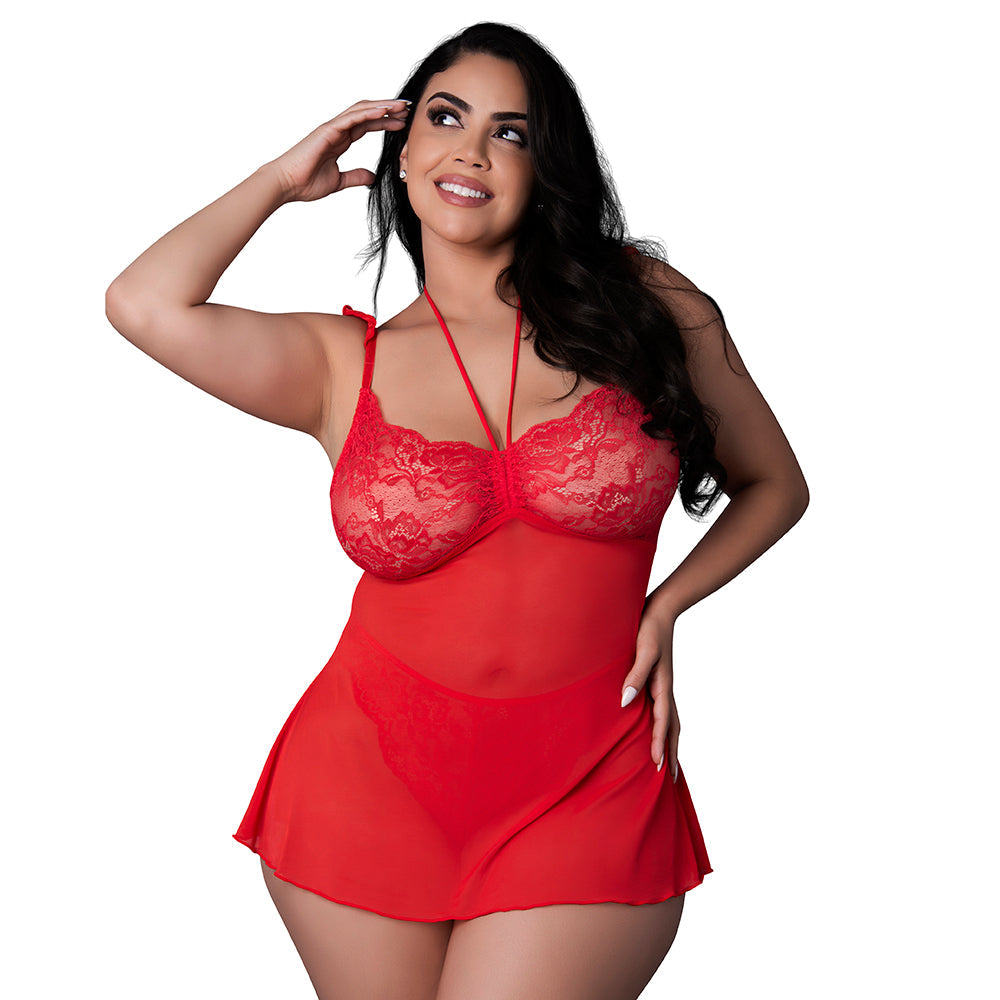 Magic Silk Sugar High Babydoll & Thong Set – Sheer Mesh with Lace Cups – Red – Queen Size