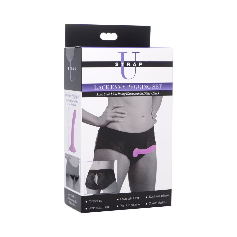 XR Brands Lace Envy Pegging Set – Crotchless Harness with Universal O-Ring – Black