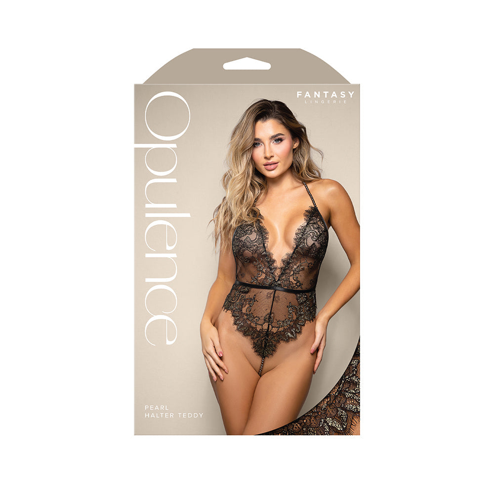 Fantasy Lingerie Opulence Shimmer Lace Teddy with Open Back & Pearl String Crotch – Black, L/XL
