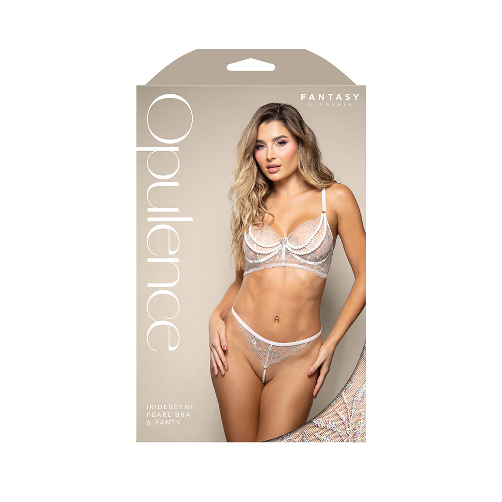 Fantasy Lingerie Opulence Metallic Embroidered Bra with Pearl Underwire Cups & Panty - White M/L