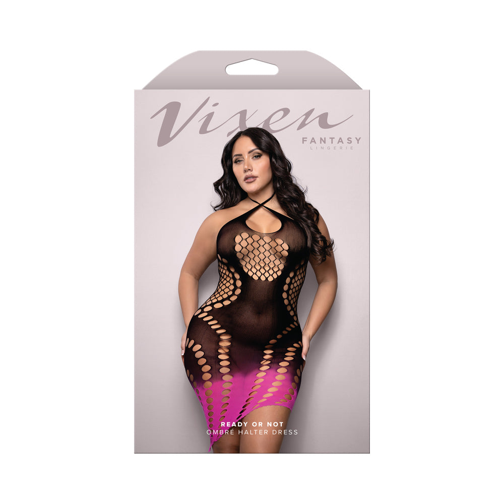 Fantasy Lingerie Vixen Ready Or Not Ombré Knit Asymmetrical Keyhole Halter Dress – Black/Pink – Queen Size