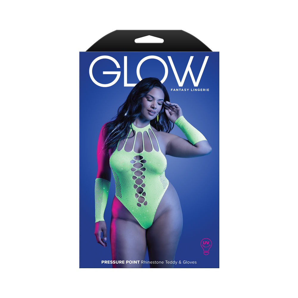 Fantasy Lingerie Glow Pressure Point UV Reactive Rhinestone Teddy & Gloves – Green, Queen Size