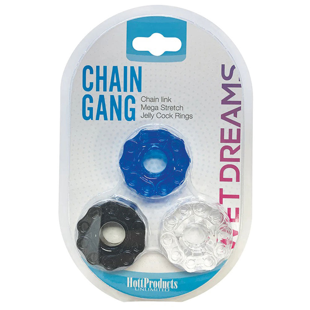 Hott Products Wet Dream Chain Gang Cock Rings – 3 Pack – Clear, Black, Blue
