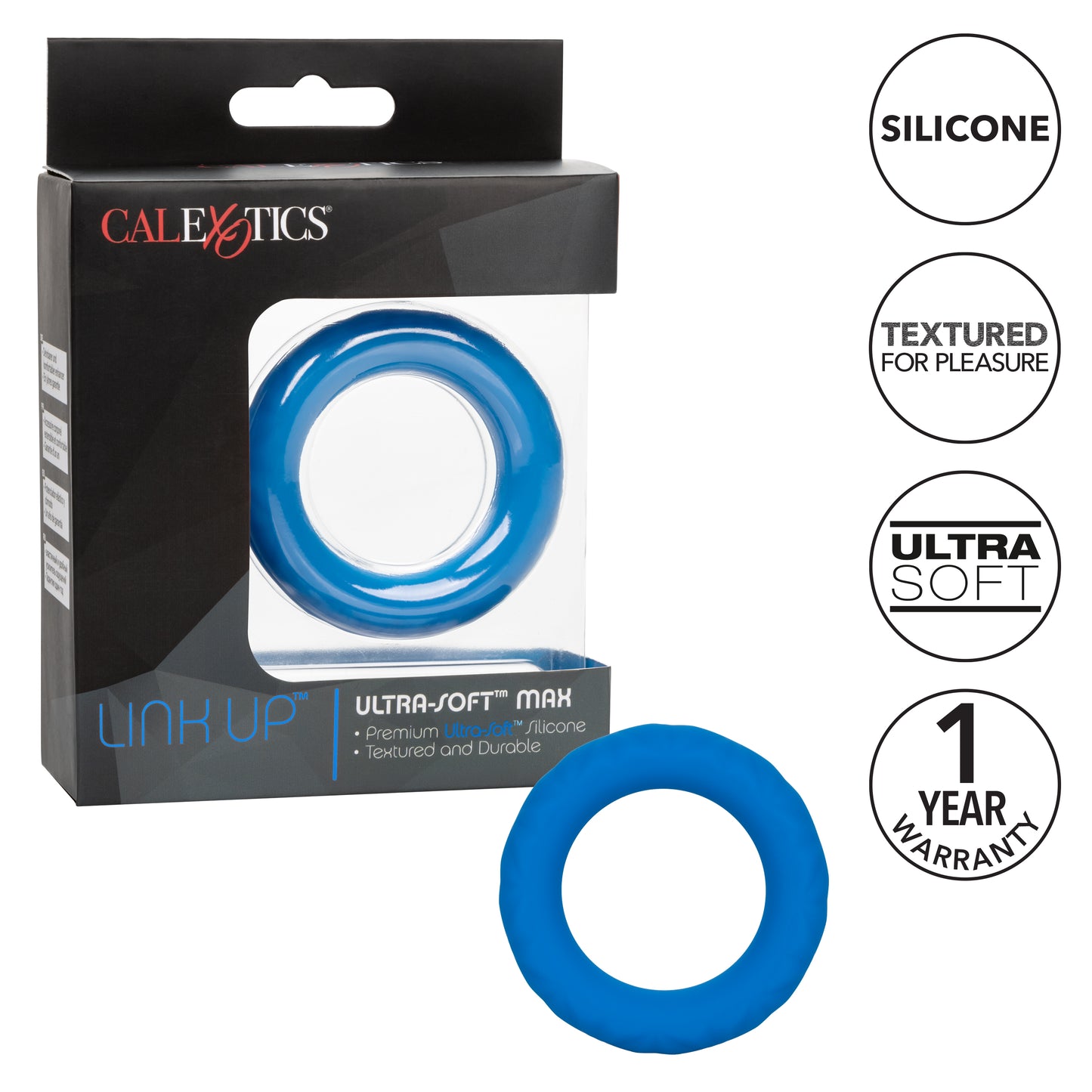 CalExotics Link Up Ultra-Soft Max Cock Ring – Blue, Textured, Phthalate Free