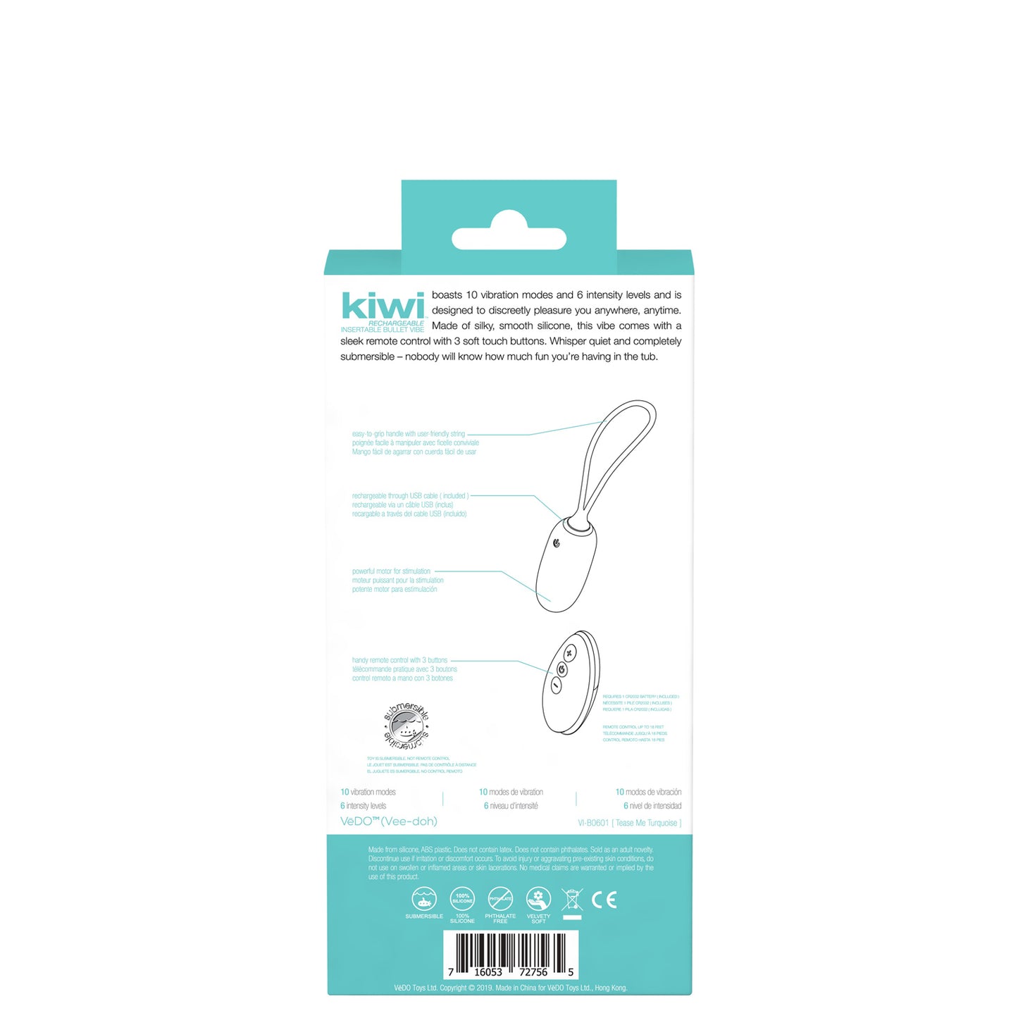 VeDO Kiwi Rechargeable Insertable Bullet - Tease Me Turquoise with 10 Vibration Modes