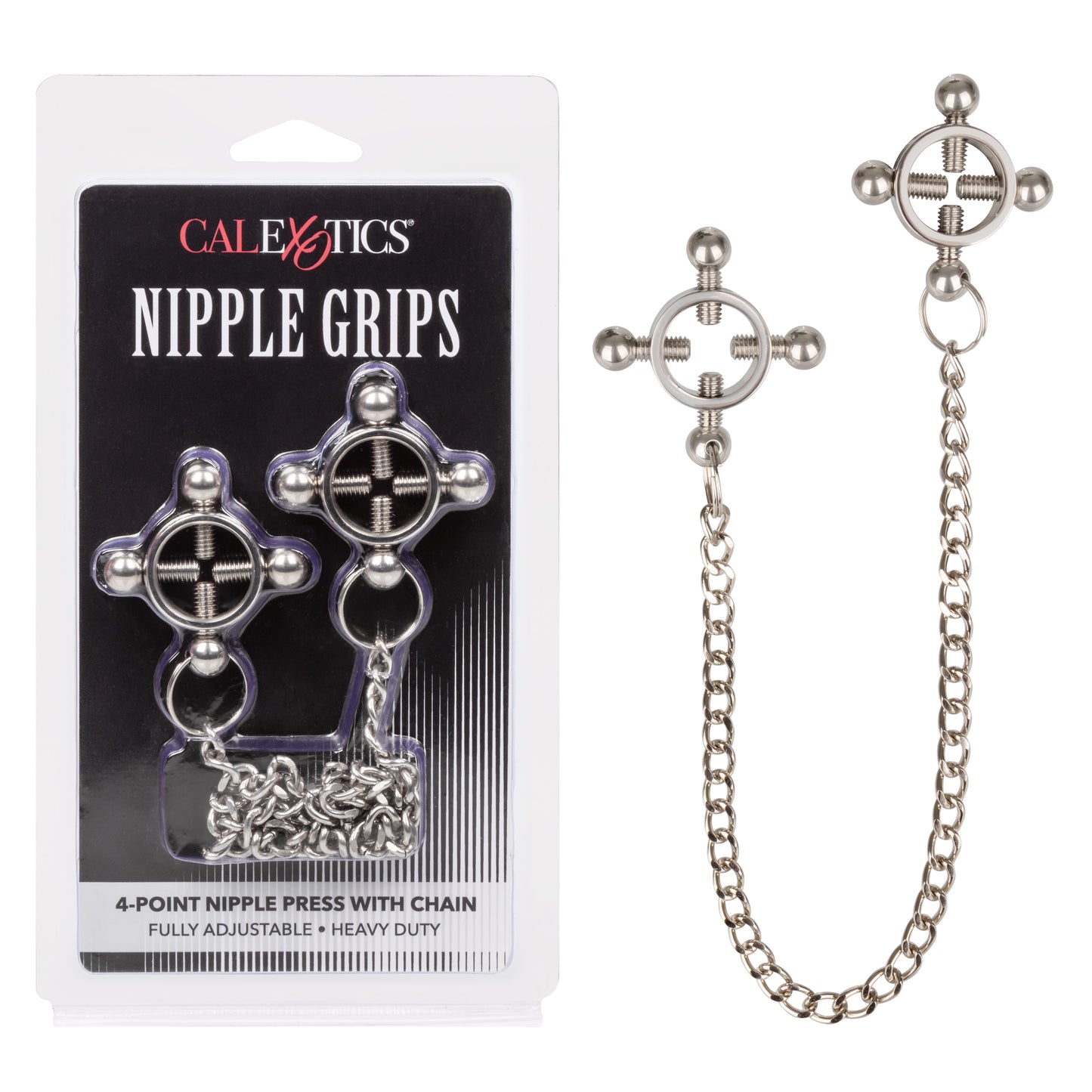 CalExotics Nipple Grips 4-Point Nipple Press with Chain – Silver