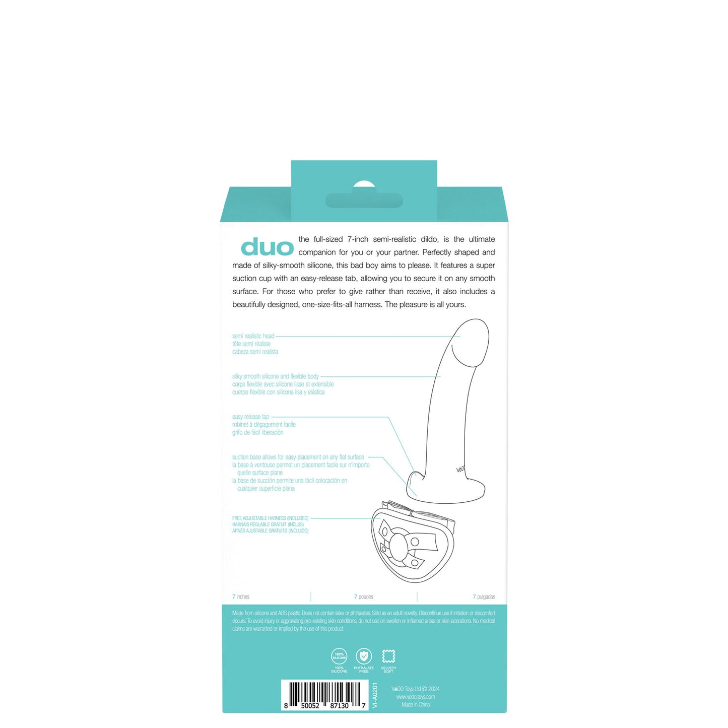 VeDO Duo 7" Semi-Realistic Dildo with Harness - Turquoise/Black
