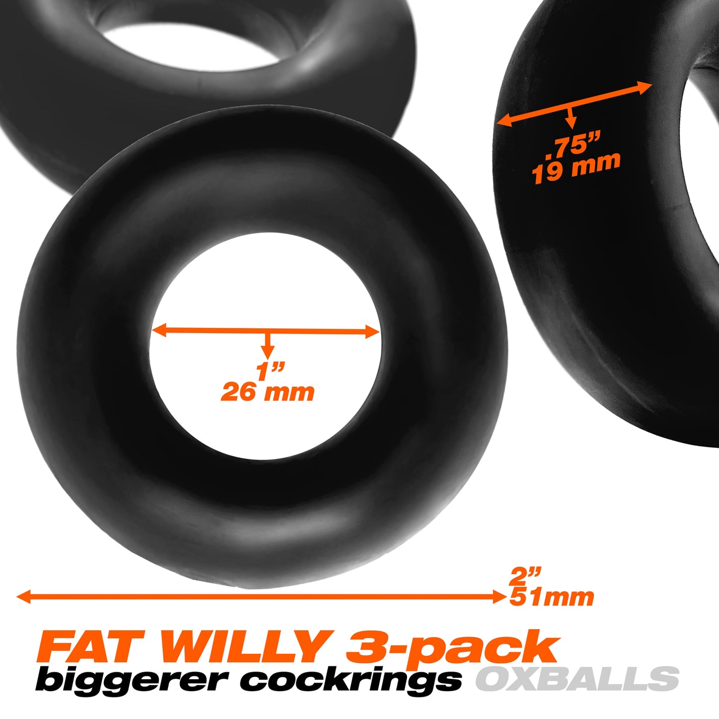 Oxballs Fat Willy 3-Pack Jumbo C-Rings - Black - Non-Rolling Grip Design