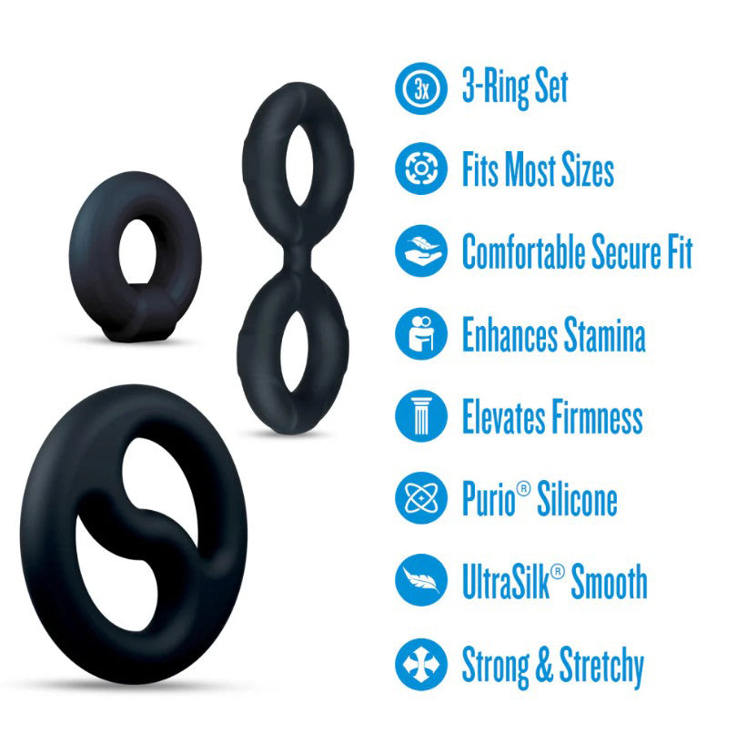 Blush Performance Plus Throttle 3-Piece Cock Ring and Ball Stretcher Set – Purio Platinum-Cured Liquid Silicone – Black