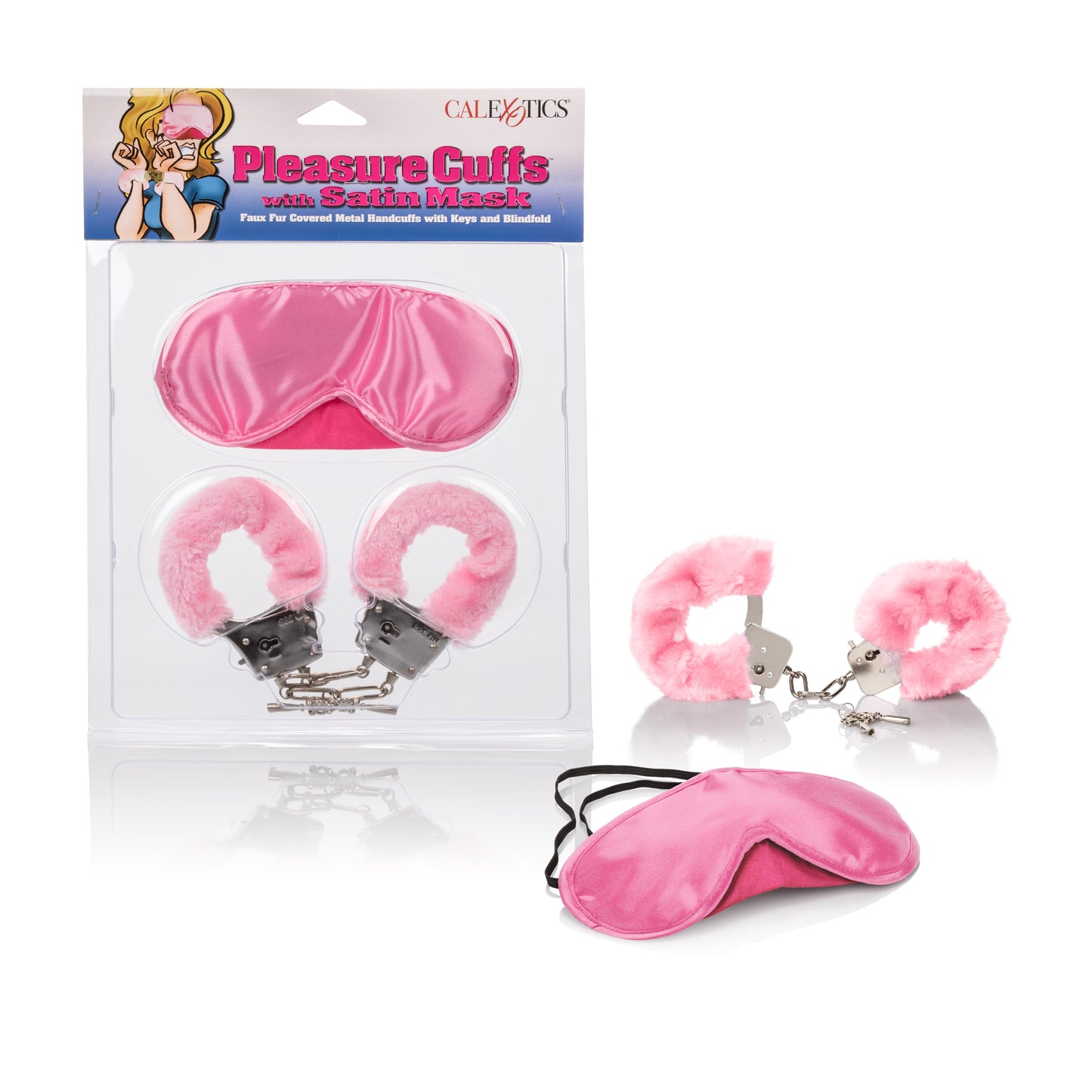 CalExotics Pleasure Cuffs with Satin Mask – Pink – Metal Cuffs with Faux Fur Cover