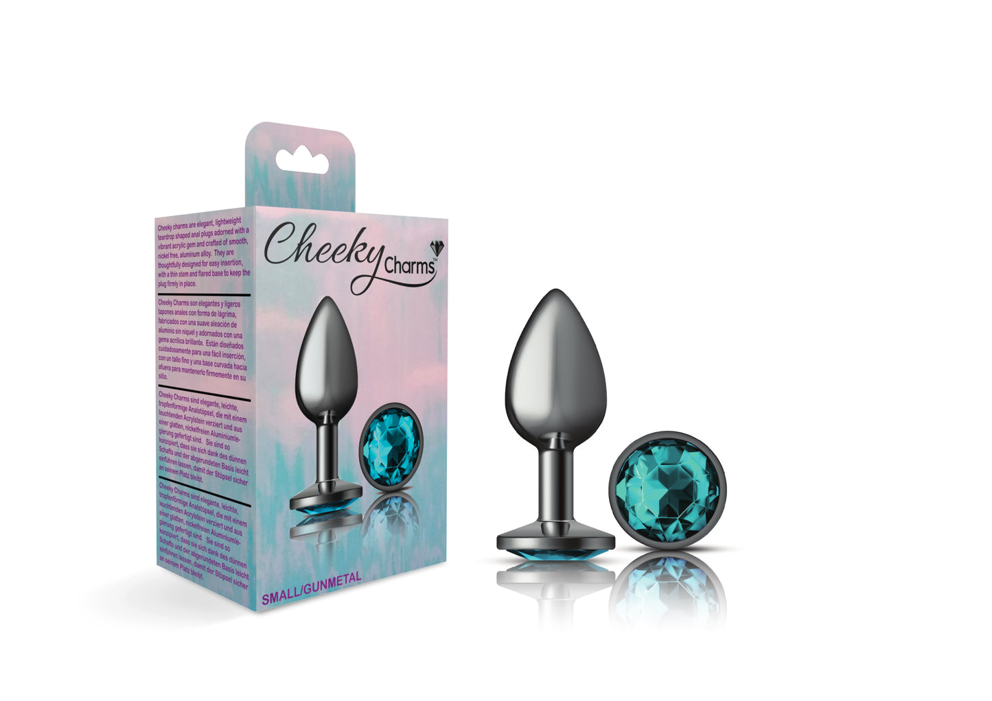 Cheeky Charms Small Teardrop Shaped Anal Plug with Teal Acrylic Gemstone - Gunmetal