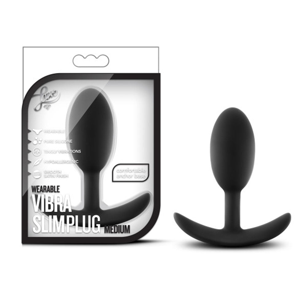 Luxe Wearable Vibra Slim Plug - Medium - Black - Body Safe Silicone
