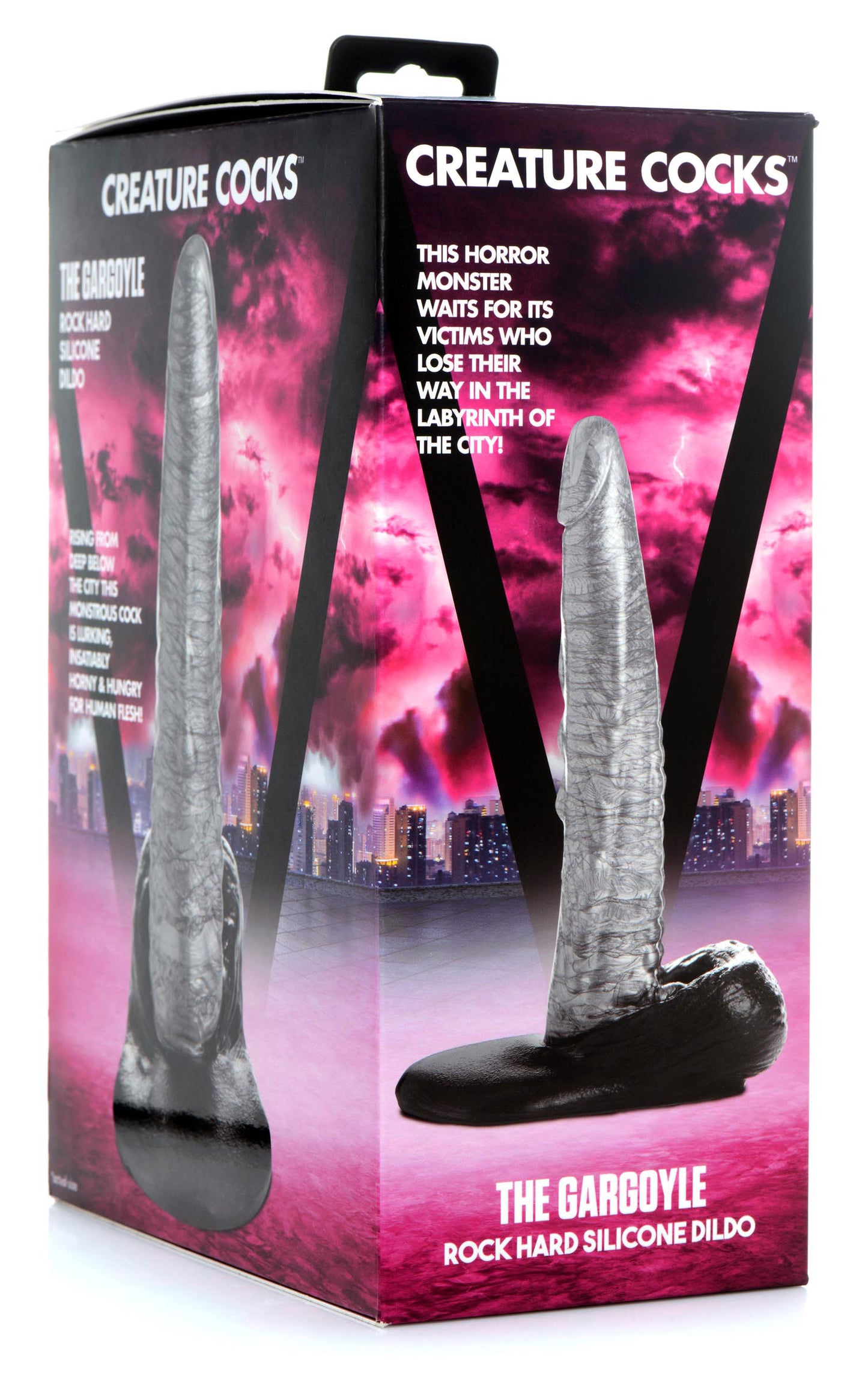 XR Brands Gargoyle Rock Hard Silicone Dildo - Textured Shaft with Suction Cup Base - Silver