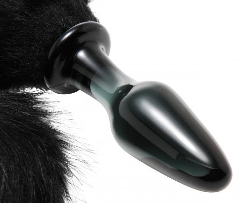 XR Brands Midnight Fox Glass Plug With Tail - Black - Tapered Glass Anal Plug with Faux Fur Tail