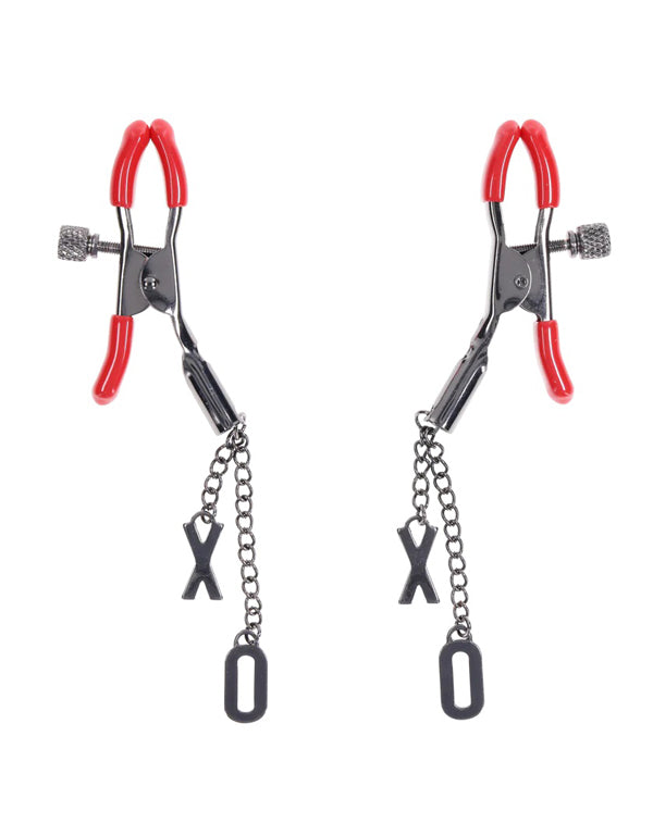 Sportsheets eX's and Oh's Nipple Clamps with Adjustable Tension - Gunmetal and Red