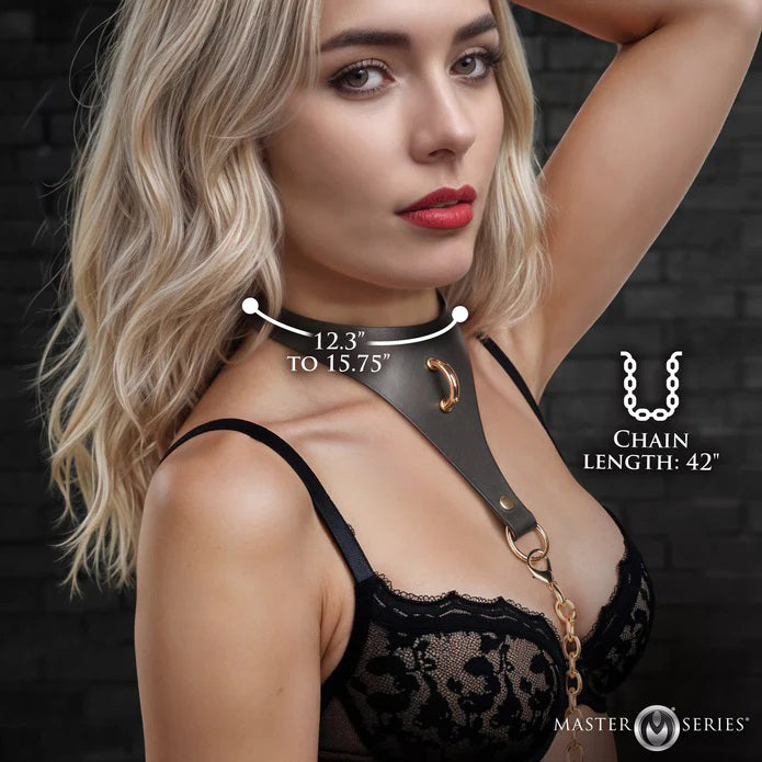 XR Brands Captivate Collar with Body Chain - Black - Adjustable Vegan-Leather Bondage Collar