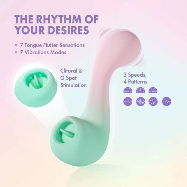 Blush Melody Dual-Ended Vibrator with 7 Vibrations and 7 Tongue Fluttering Sensations - Multi