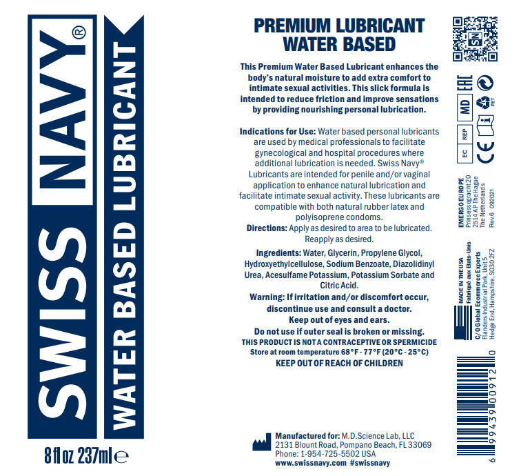 Swiss Navy Water-Based Lubricant – 4 Oz – Gel-Like Texture