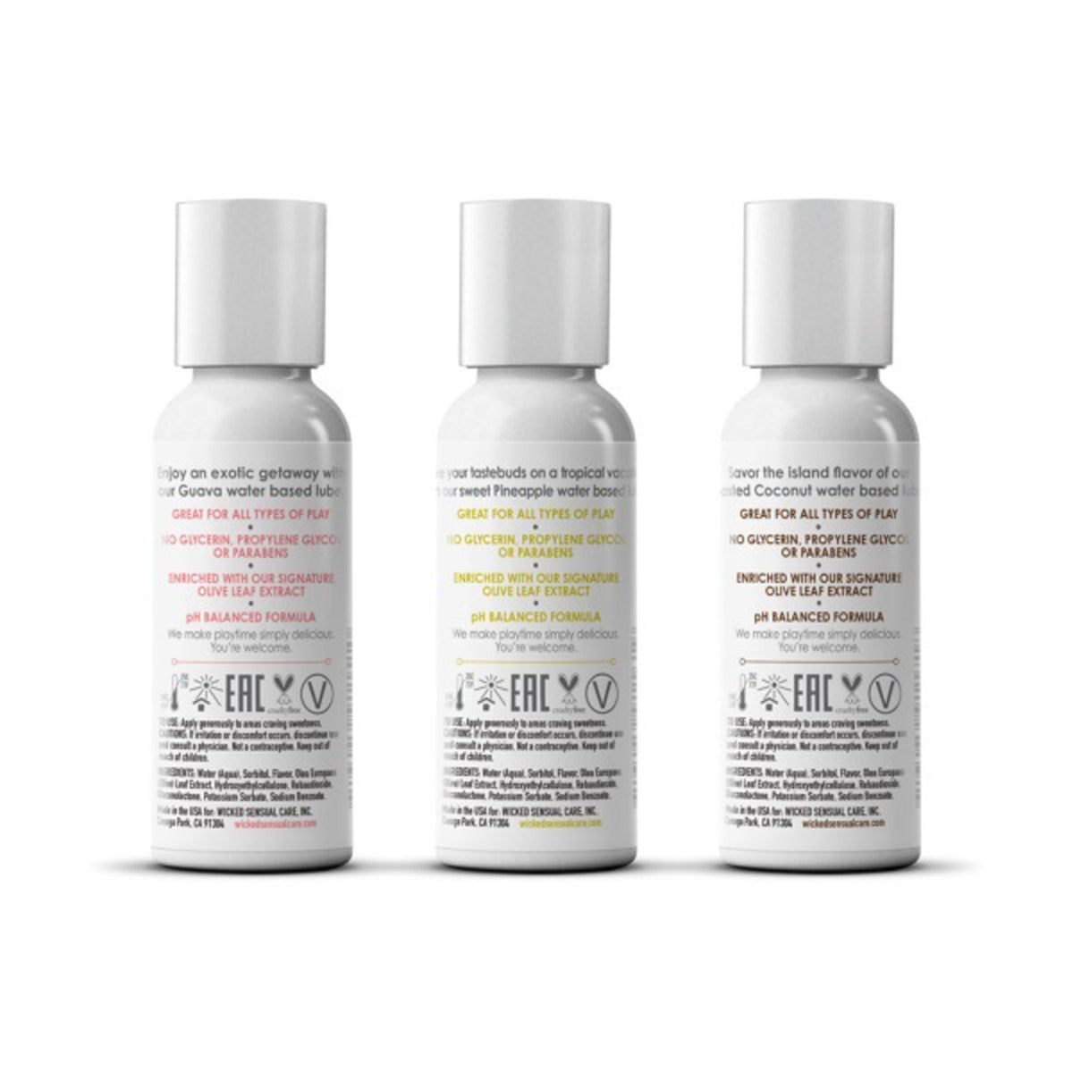 Wicked Simply Tropical Trio Flavored Lubes – Guava, Pineapple, Toasted Coconut – 1oz Travel Size