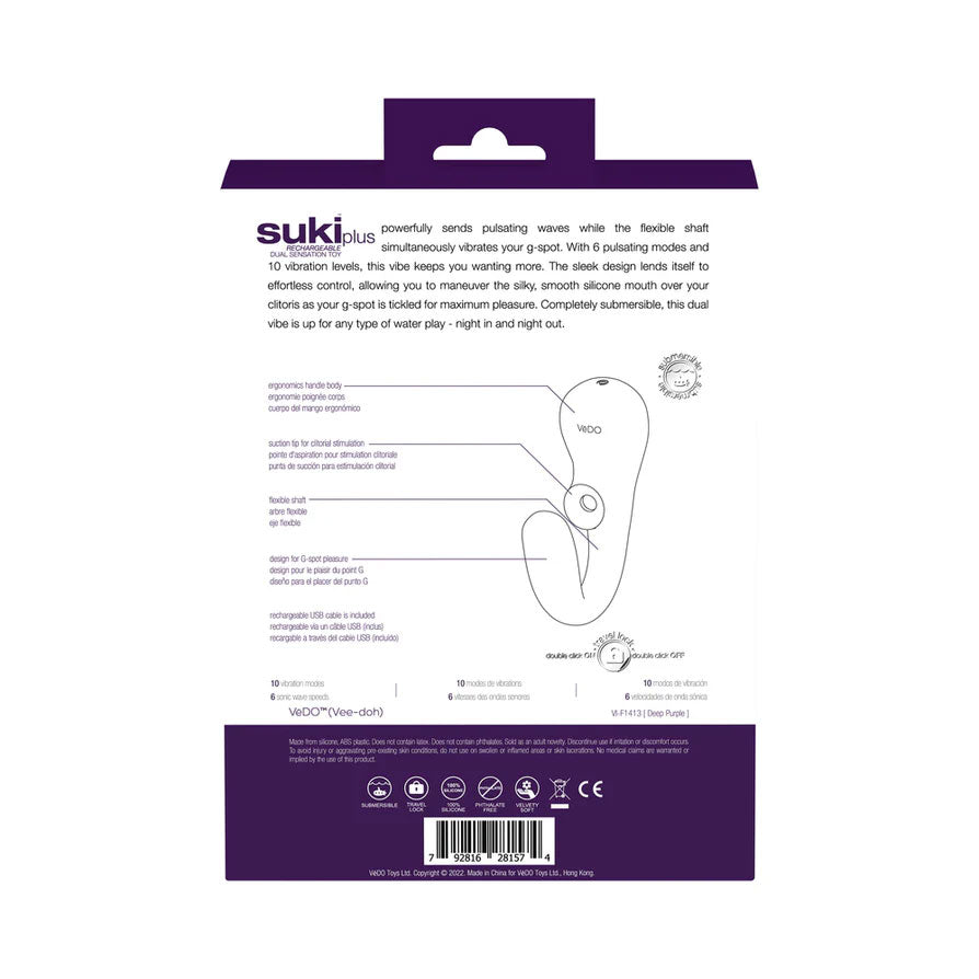 VeDO Suki Plus Rechargeable Dual Sonic Vibe - G-Spot and Clitoral Stimulation - Deep Purple
