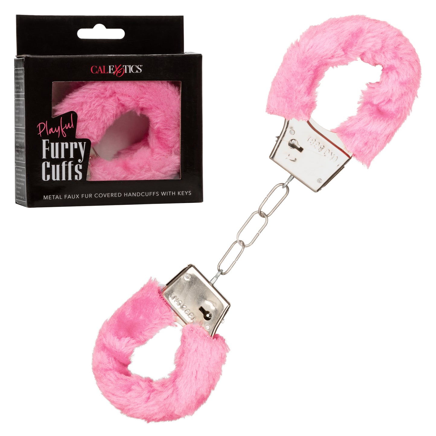 CalExotics Playful Furry Cuffs - Pink Metal Faux Fur Handcuffs with Safety Release