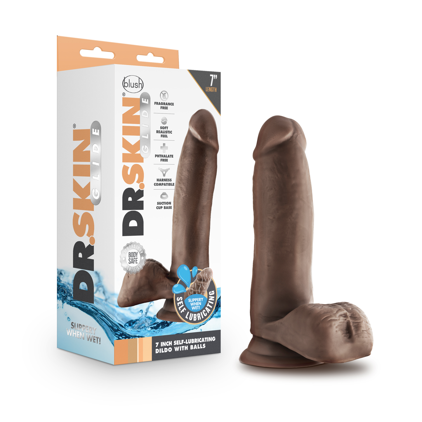 Dr. Skin Glide 7 Inch Self Lubricating Dildo with Balls - Chocolate