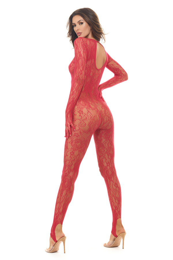 Split Up Lace Bodystocking - Red - Os