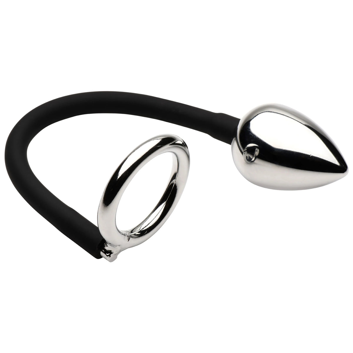 XR Brands Tug Plus Plug Cock and Ball Ring with Anal Plug - Black
