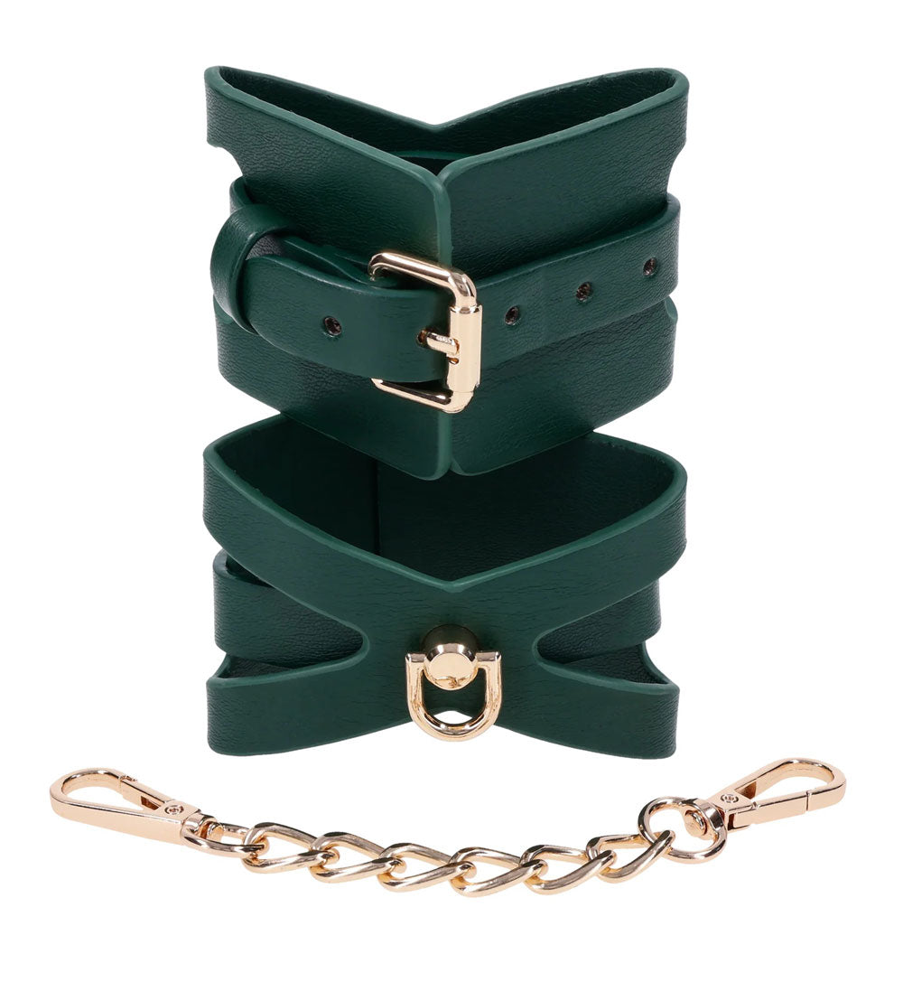 Sportsheets Indica Cutout Cuffs - Green Collar with Gold Hardware and Adjustable Fit