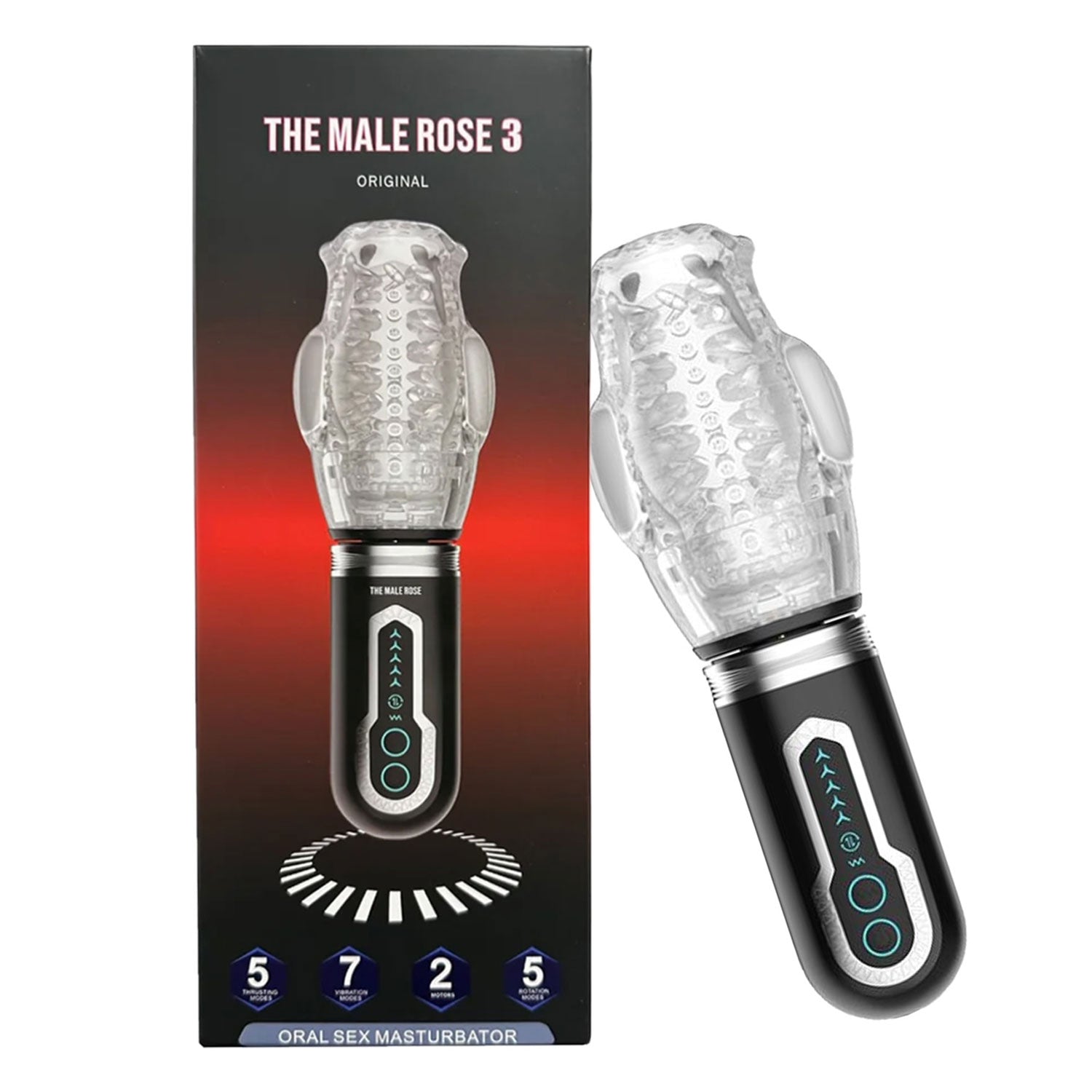 The Male Rose 3 Thrusting, Rotating, and Vibrating Rechargeable Oral Sex Penis Masturbator - Clear