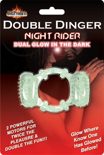Hott Products Double Dinger Night Rider Glow-in-the-Dark Cockring with Mini Bullets - Clear