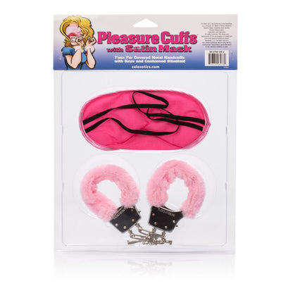 CalExotics Pleasure Cuffs with Satin Mask – Pink – Metal Cuffs with Faux Fur Cover
