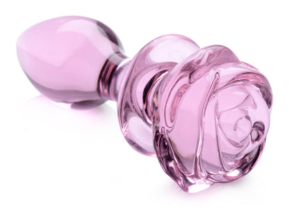 XR Brands Pink Rose Glass Anal Plug - Medium - Temperature Play