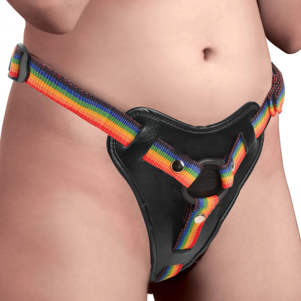 XR Brands Take the Rainbow Universal Harness - Adjustable Strap-On Harness with 2 O-Rings - Rainbow Color