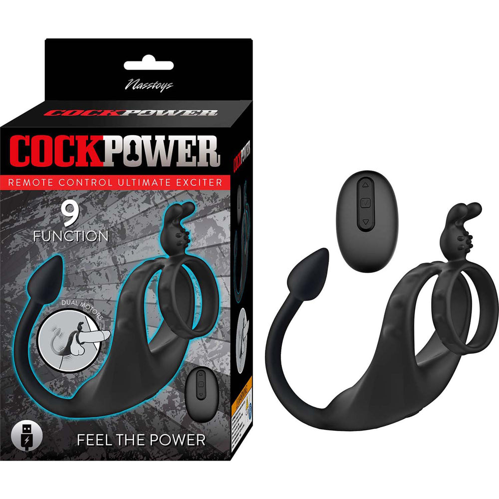 Nasstoys Cockpower Remote-Controlled Vibrating Cock Ring with Anal Plug, Body-Safe Silicone – Black