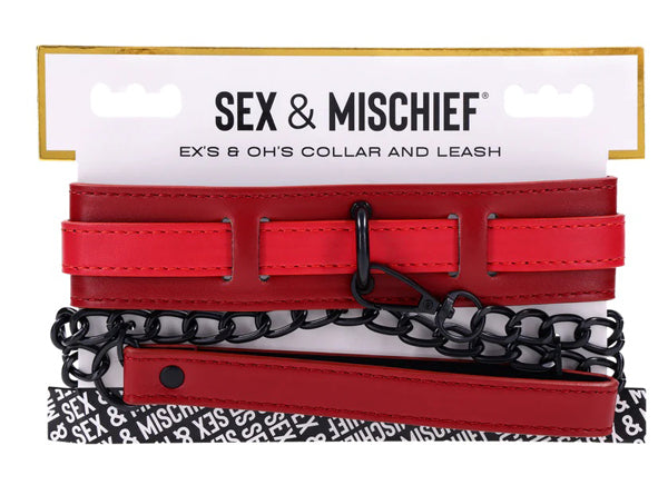 Sportsheets eX's and Oh's Collar and Leash Set - Red Faux Leather with Matte Black Chain