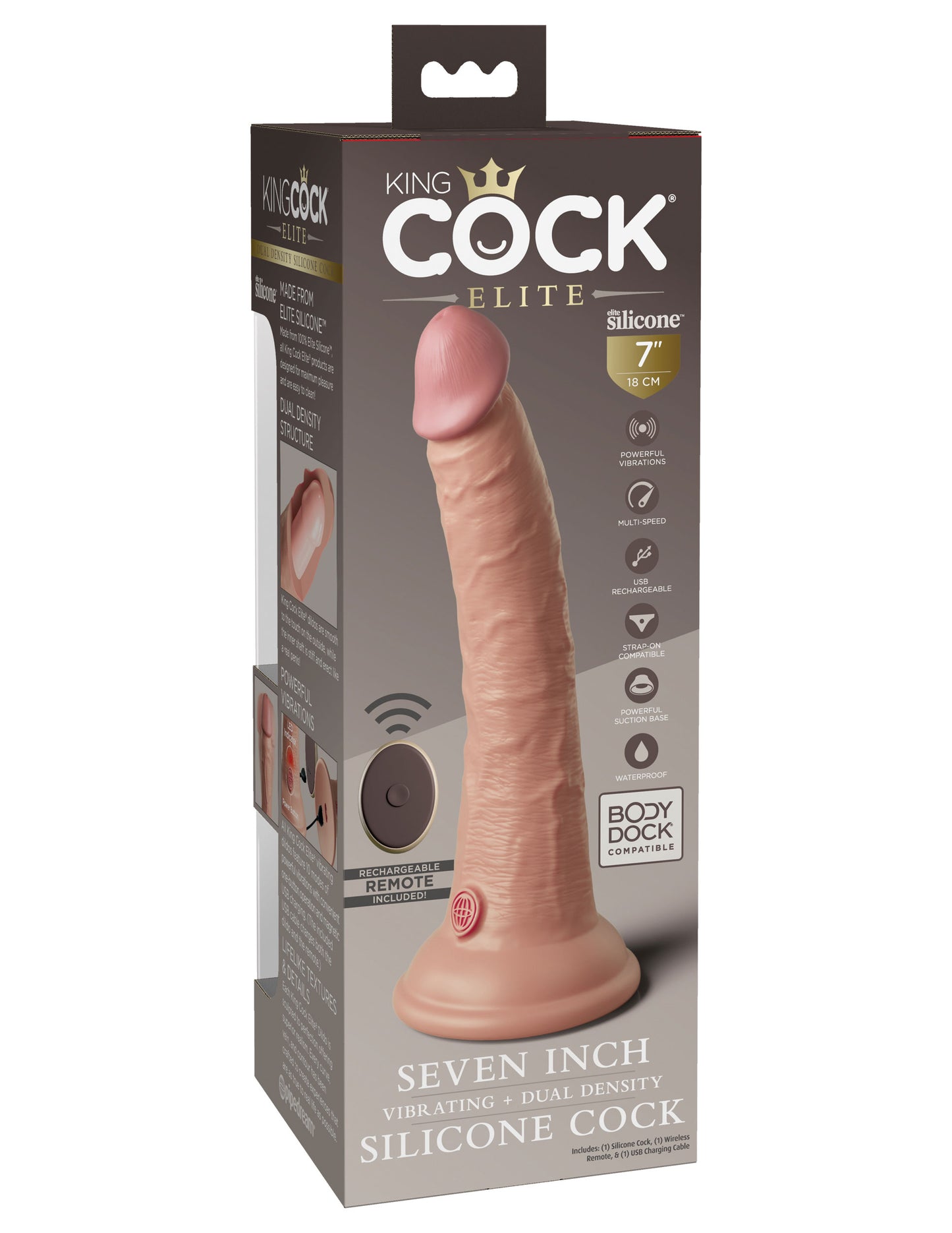 Pipedream King Cock Elite 7 Inch Vibrating Silicone Dual Density Cock with Remote – Beige